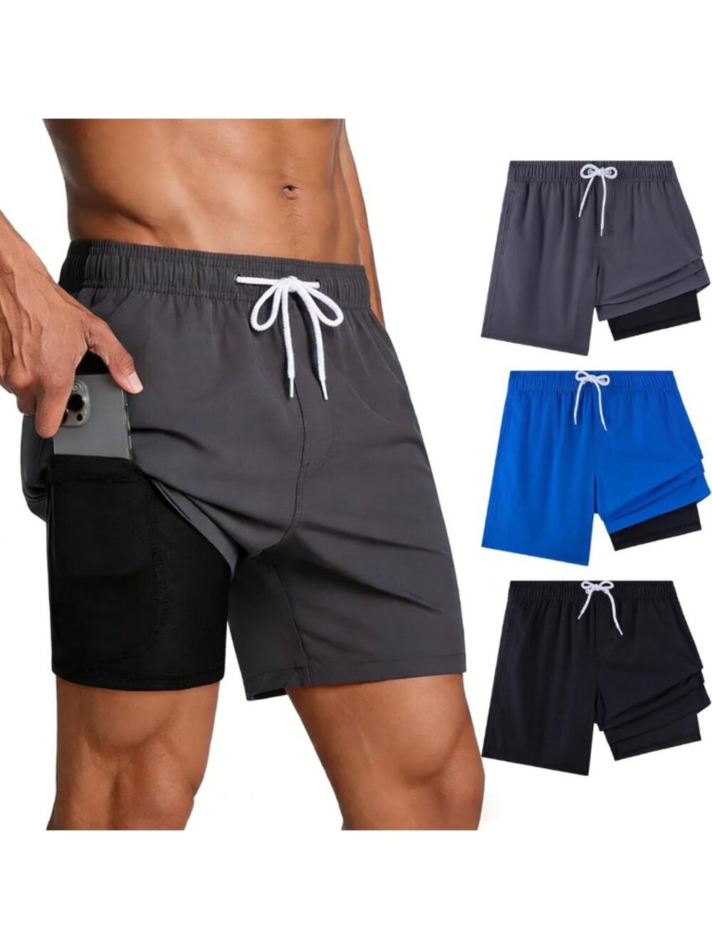 Men's Quick-Dry Swim Trunks 3-Pack, 7-Inch Length, Compression Liner Included